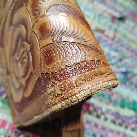 Vintage Handmade Mexican Handbag Western Tooled Leather Purse - Picture 10 of 13